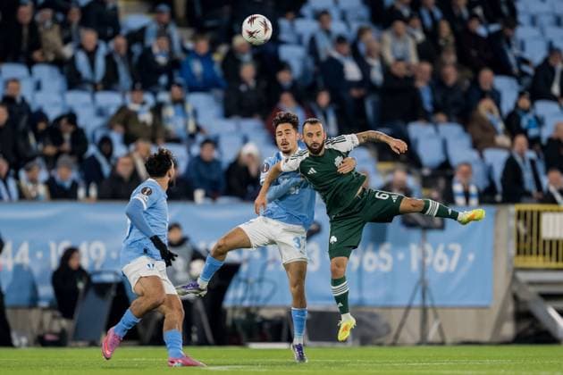 251106 Adrian Skogmar of Malmö FF and Manolis Siopis of Panathinaikos during the UEFA Europa League football match between Malmö FF and Panathinaikos on November 6, 2025 in Malmö Photo Petter Arvidson BILDBYRAN kod PA PA1108 fotboll football soccer fotball uefa europa league europa league malmö ff panathinaikos bbeng bbauto  Copyright: PETTERxARVIDSON BB251106PA045