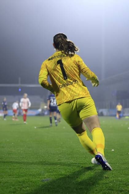 Goalkeeper Laura Benkarth 1 SC Freiburg Women in defense in yellow jersey GPFBL TSG Hoffenheim vs SC Freiburg on 06 11 2025 at Dietmar Hopp Stadion in Hoffenheim Goalkeeper Laura Benkarth 1 SC Freiburg Women in defense Copyright: xspeedshotx