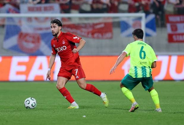Adil Aouchiche of Aberdeen in action against Jaime Suarez of AEK Larnaca AEK Larnaca v Aberdeen, UEFA Conference League, Group Stage, Football, AEK Arena, Larnaca, Cyprus - 06 Nov 2025Larnaca AEK Arena Cyprus EDITORIAL USE ONLY No use with unauthorised audio, video, data, fixture lists, club league logos or live services. Online in-match use limited to 120 images, no video emulation. No use in betting, games or single club league player publications. Copyright: xCharaxSavvides Shutterstockx 15642241bi