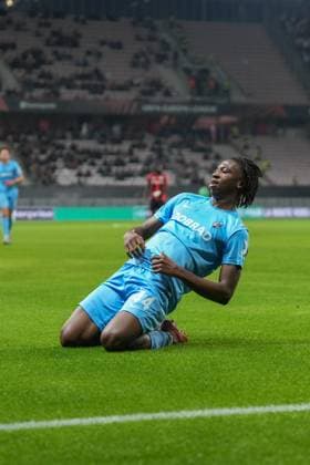 Johan Manzambi SC Freiburg, 44 Goal celebration, Emotions, Goal shot, Goal, Goal, Goal, France, Football, UEFA Europa League, Matchday 4, League phase, 2025 2026, OGC Nice vs SC Freiburg, 06 11 2025, Allianz Riviera, Nice, France Nice Allianz Riviera Provence Alpes Côte d Azur, Cô France Copyright: xArnexAmbergx