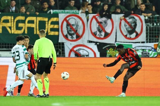 Franculino Dju of FC Midtjylland scores his sides third goal Midtjylland vs Celtic, UEFA Europa League, Group Stage, Football, MCH Arena, Herning, Denmark - 06 Nov 2025Herning MCH Arena Denmark EDITORIAL USE ONLY No use with unauthorised audio, video, data, fixture lists, club league logos or live services. Online in-match use limited to 120 images, no video emulation. No use in betting, games or single club league player publications.  Copyright: xMichaelxZemanek Shutterstockx 15642247aa