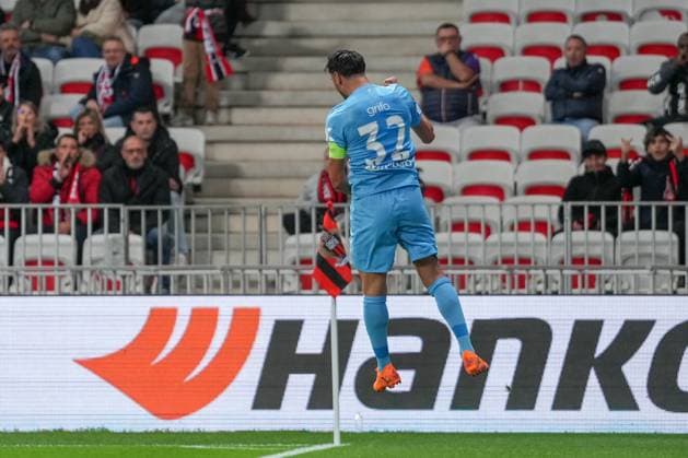 Vincenzo Grifo SC Freiburg, 32 penalty, penalty kick, goal celebration, emotions, goal kick, goal, goal, goal, France, football, UEFA Europa League, matchday 4, league phase, 2025 2026, OGC Nice vs SC Freiburg, 06 11 2025, Allianz Riviera, Nice, France Nice Allianz Riviera Provence Alpes Côte d Azur, Cô France Copyright: xArnexAmbergx