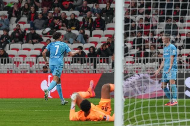 Derry Scherhant SC Freiburg, 07 goal celebration, emotions, goal shot, goal, goal, goal, France, football, UEFA Europa League, matchday 4, league phase, 2025 2026, OGC Nice vs SC Freiburg, 06 11 2025, Allianz Riviera, Nice, France Nice Allianz Riviera Provence Alpes Côte d Azur, Cô France Copyright: xArnexAmbergx