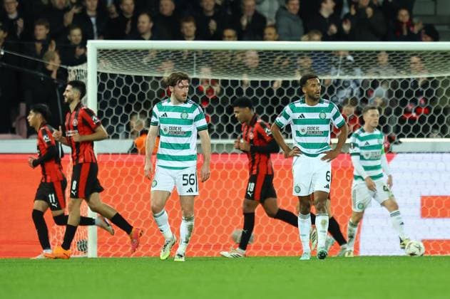Anthony Ralston of Celtic and Auston Trusty of Celtic dejected after conceding 3rd goal Midtjylland vs Celtic, UEFA Europa League, Group Stage, Football, MCH Arena, Herning, Denmark - 06 Nov 2025Herning MCH Arena Denmark EDITORIAL USE ONLY No use with unauthorised audio, video, data, fixture lists, club league logos or live services. Online in-match use limited to 120 images, no video emulation. No use in betting, games or single club league player publications.  Copyright: xMichaelxZemanek Shutterstockx 15642247ae