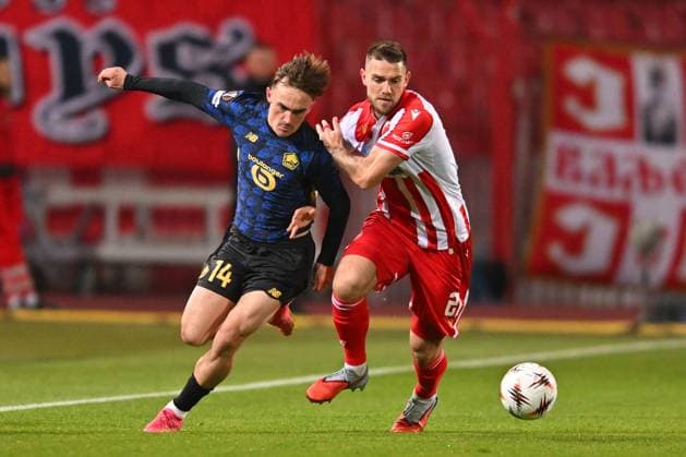 CRVENA ZVEZDA vs LOSC LILLE MARIUS BROHOLM vs TIMI MAX ELSNIK Timi Maks Elsnik football Crvena zvezde vs LOSC Lille UEFA Europa League at Rajko Mitic stadium, Belgrade 06.11.2025 Foto: FOOTBALL, UEFA EUROPA LEAGUE, CRVENA ZVEZDA, RED STAR, LOSC LILLE Belgrade Rajko Mitic stadium Serbia Copyright: xMarkoxMetlas xMNxPressx