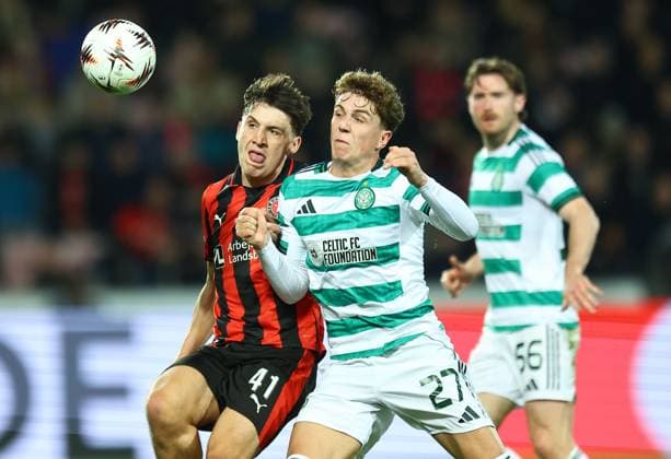 Arne Engels of Celtic competes for the ball with Mikel Kruger-Johnsen of FC Midtjylland Midtjylland vs Celtic, UEFA Europa League, Group Stage, Football, MCH Arena, Herning, Denmark - 06 Nov 2025Herning MCH Arena Denmark EDITORIAL USE ONLY No use with unauthorised audio, video, data, fixture lists, club league logos or live services. Online in-match use limited to 120 images, no video emulation. No use in betting, games or single club league player publications.  Copyright: xMichaelxZemanek Shutterstockx 15642247af