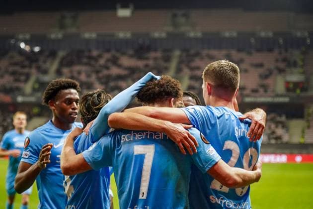 Football, UEFA Europa League 2025 26, Matchday 4 OGC Nice vs SC Freiburg Allianz Riviera Nice, France Goal and goal celebration to 1 3 by Derry Scherhant SC Freiburg, 07 Joy, emotions, jubilation Copyright: xJOERANxSTEINSIEKx
