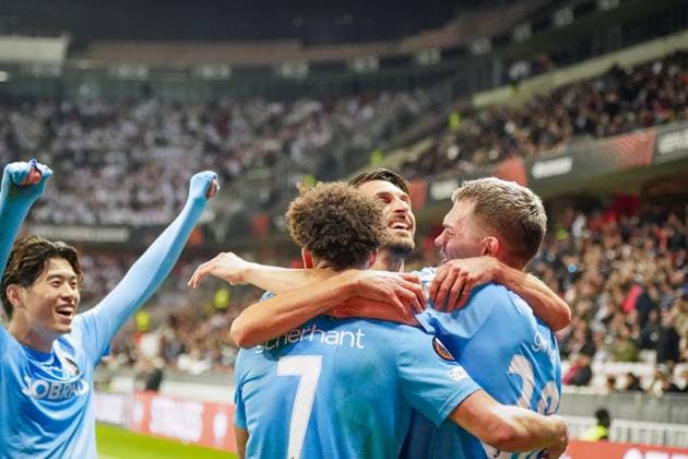 Football, UEFA Europa League 2025 26, Matchday 4 OGC Nice vs SC Freiburg Allianz Riviera Nice, France Goal and goal celebration to 1 3 by Derry Scherhant SC Freiburg, 07 Joy, emotions, jubilation Copyright: xJOERANxSTEINSIEKx