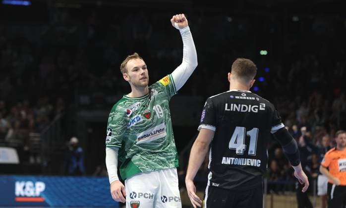Mathias Gidsel celebrates after scoring, Vukasin Antonijevic joy emotion jubilation Sport Handball DHB Pokal Round of 16 Men Season 2025 2026 06 11 2025 Füchse Berlin vs ThSV Eisenach