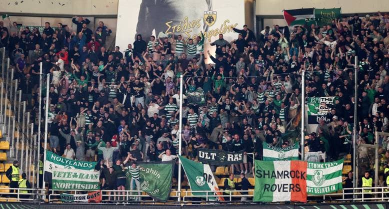 UEFA Europa Conference League Group Phase, OPAP Arena, Athens, Greece 6 11 2025 AEK Athens vs Shamrock Rovers Rovers fans celebrate their sides first goal Rovers fans celebrate their sides first goal 6 11 2025  Copyright: x INPHOx NVIX4340