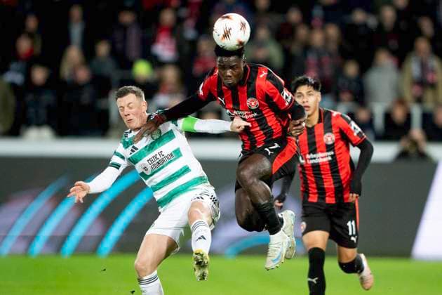 UEFA Europa League FC Midtjylland Celtic FC Franculino Dju, FC Midtjylland and Celtic s Callum McGregor vies for the ball in the UEFA Europa League match between FC Midtjylland and Celtic FC at MCH Arena in Herning on Thursday, November 6, 2025 , Herning Denmark Mors  Copyright: BoxAmrstrupx xRitzauxScanpix BoxAmstrupx spdk20251106-195118-L