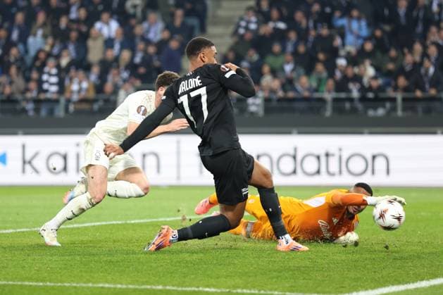 SOCCER - UEFA EL, Sturm vs Nottingham GRAZ,AUSTRIA,06.NOV.25 - SOCCER - UEFA Europa League, SK Sturm Graz vs Nottingham Forest. Image shows the offside goal of Maurice Malone (Sturm).  GEPAxpictures xChrisxBauer