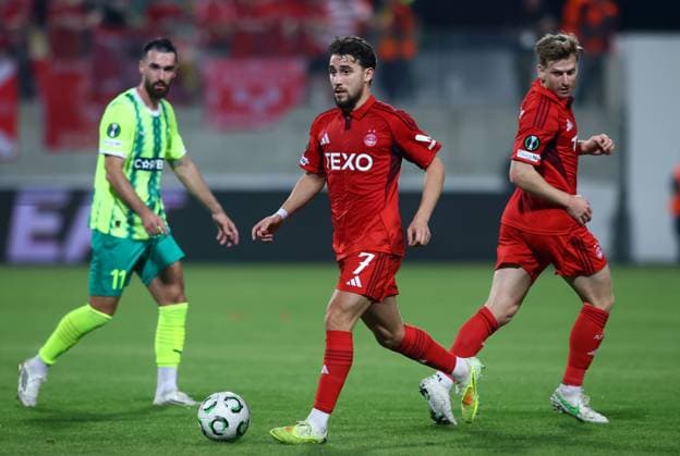 Riad Bajio of AEK Larnaca in action against Adil Aouchiche of Aberdeen AEK Larnaca v Aberdeen, UEFA Conference League, Group Stage, Football, AEK Arena, Larnaca, Cyprus - 06 Nov 2025Larnaca AEK Arena Cyprus EDITORIAL USE ONLY No use with unauthorised audio, video, data, fixture lists, club league logos or live services. Online in-match use limited to 120 images, no video emulation. No use in betting, games or single club league player publications. Copyright: xCharaxSavvides Shutterstockx 15642241ce
