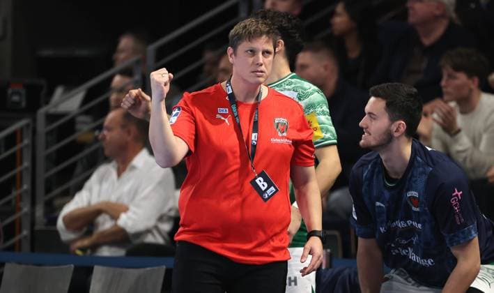 Coach Nicolej Krickau cheers Joy Emotion Cheers Sport Handball DHB Cup Round of 16 Men Season 2025 2026 06 11 2025 Füchse Berlin vs ThSV Eisenach