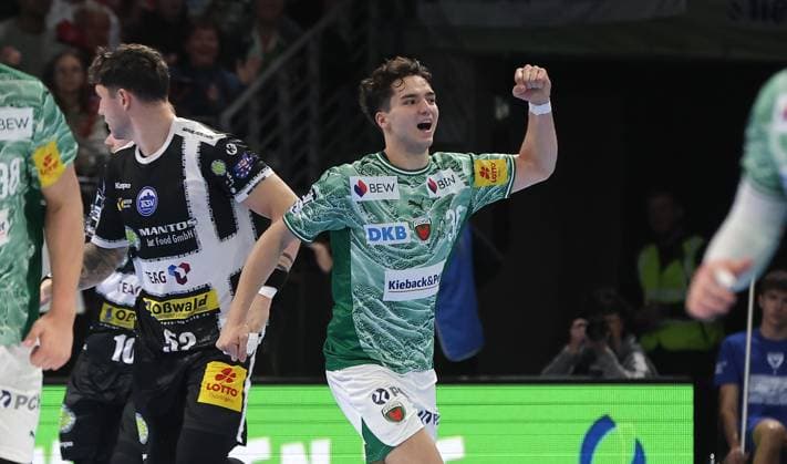 Gabriel Kofler celebrates after goal Joy Emotion Cheers Sport Handball DHB Cup Round of 16 Mens Season 2025 2026 06 11 2025 Füchse Berlin vs ThSV Eisenach