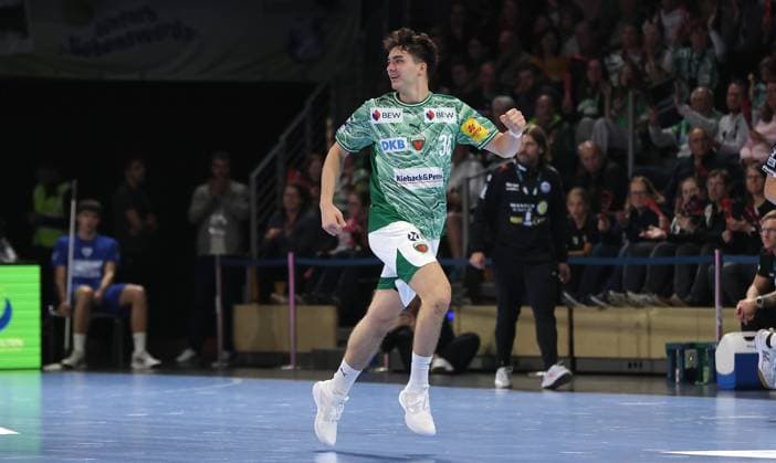 Gabriel Kofler celebrates after goal Joy Emotion Cheers Sport Handball DHB Cup Round of 16 Men Season 2025 2026 06 11 2025 Füchse Berlin vs ThSV Eisenach