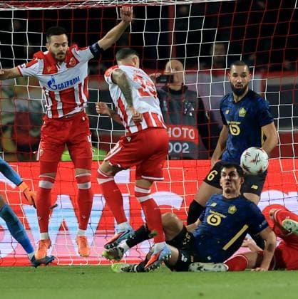 06.11.2025 Belgrade(Serbia) FK Crvena Zvezda(FC Red Star)- LOSC Lille Europa League men s football Aissa Mandi(3L front),Nabil Bentaleb(R behind) LOSC Lille players in defence duriing match,Mirko Ivanic(L) Crvena Zvezda(Red Star) :