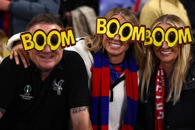 London, England, 6th November 2025. Crystal Palace fans with glasses saying Boom on them during the Crystal Palace vs AZ Alkmaar UEFA Conference League match at Selhurst Park, London. Picture credit should read: Paul Terry Sportimage EDITORIAL USE ONLY. No use with unauthorised audio, video, data, fixture lists, club league logos or live services. Online in-match use limited to 120 images, no video emulation. No use in betting, games or single club league player publications. SPI_004_PT_Crystal_Palace_AZ_Alkmaar SPI-4270-0004