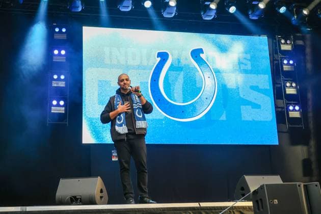 Denis Milanovic (Afcvbb) on the Colts stage, indianapolis Colts , Fan-Zone im Center am Potsdamer Platz,2025_11_06,Photo:Foot.Bowl Thomas Sobotzki Copyright: xFootxBowl ThomasxSobotzkix
