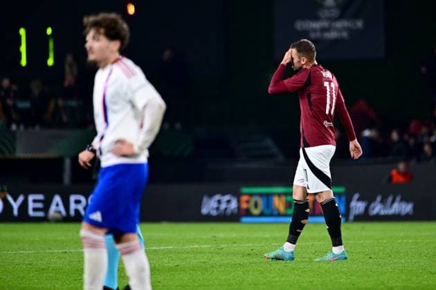 Matej Rynes of Sparta Praha, right, reacts after the Football Conference League 3rd round match Sparta Praha vs Rakow Czestochowa, Prague, Czech Republic, November 6, 2025. (CTKxPhoto OndrejxDeml) CTKPhotoP2025110609220  CTKPhotoP2025110609220