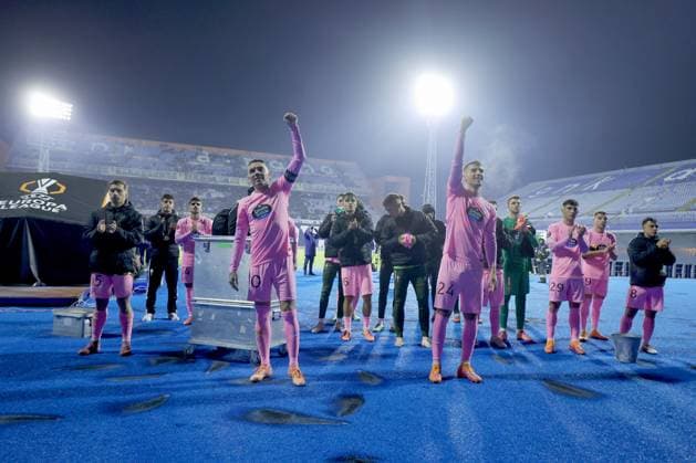 GNK Dinamo v Real Club Celta - UEFA Europa League 2025 26 League Phase MD4 ZAGREB, CROATIA - NOVEMBER 6: Real Club Celta players celebrate victory after the UEFA Europa League 2025 26 League Phase MD4 match between GNK Dinamo and Real Club Celta at Stadion Maksimir on November 6, 2025 in Zagreb, Croatia.  SanjinxStrukic PIXSELL