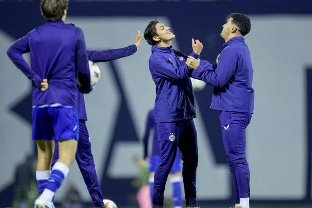 GNK Dinamo v Real Club Celta - UEFA Europa League 2025 26 League Phase MD4 ZAGREB, CROATIA - NOVEMBER 6: Matteo Vinlof and Monsef Bakrarof GNk Dinamo during the warmup before the UEFA Europa League 2025 26 League Phase MD4 match between GNK Dinamo and Real Club Celta at Stadion Maksimir on November 6, 2025 in Zagreb, Croatia.  SanjinxStrukic PIXSELL