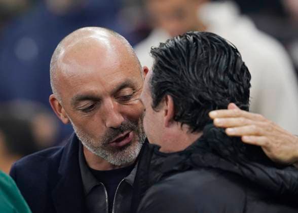Birmingham, England, 6th November 2025. Zarko Lazetic coach of Maccabi Tel-Aviv manager greets Unai Emery head coach of Aston Villa during the Aston Villa vs Maccabi Tel-Aviv FC UEFA Europa League match at Villa Park, Birmingham. Picture credit should read: Andrew Yates Sportimage EDITORIAL USE ONLY. No use with unauthorised audio, video, data, fixture lists, club league logos or live services. Online in-match use limited to 120 images, no video emulation. No use in betting, games or single club league player publications. SPI_032_AY_Villa_Macabbi SPI-4269-0032