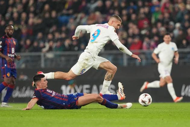 Switzerland UEFA Europa League 2025 26, FC Basel 1893 vs FCSB Bucharest St Jakob Park, Basel Flavius Daniliuc 24 Basel with a foul against Daniel Birligea 9 Bucharest Basel St Jakob Park Basel Switzerland Copyright: xKjetilxWaberx