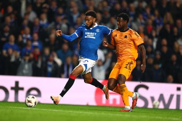 Youssef Chermiti of Rangers and Evan N Dicka of Roma during the Europa League league phase match at Ibrox Stadium, Glasgow. Rangers v Roma - UEFA Europa League - League Phase - Ibrox Stadium, Glasgow, Lanarkshire, Scotland, UK - 06 Nov 2025Glasgow Ibrox Lanarkshire United Kingdom  Copyright: xO Rourke RangersxFC Shutterstockx 15702164e