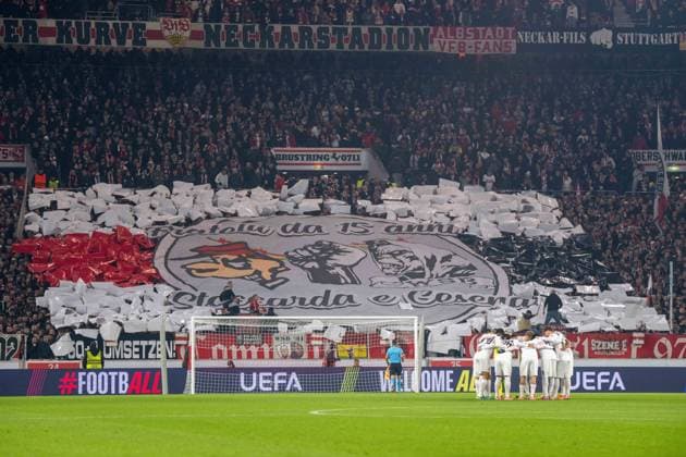 Choreography of the VfB fans xettx, Germany, Stuttgart, 06 11 2025, Football, UEFA Europa League VfB Stuttgart vs Feyenoord Rotterdam, Season 2025 2026, Match Day 4, MHP Arena
