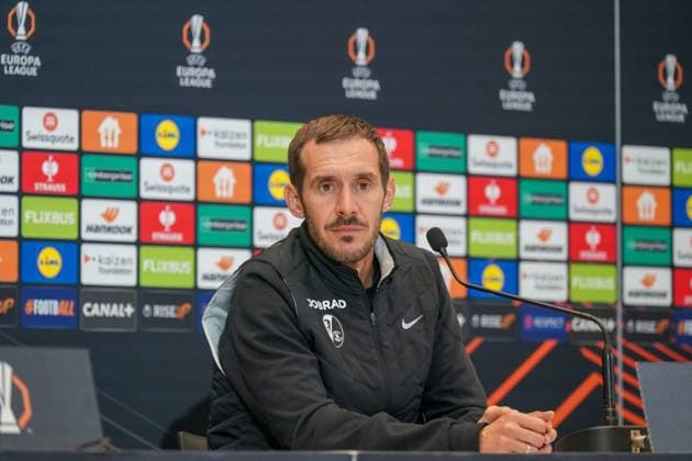 Football, UEFA Europa League 2025 26, Matchday 4 OGC Nice vs SC Freiburg Allianz Riviera Nice, France Julian Schuster SC Freiburg, Coach Press conference, Media Copyright: xJOERANxSTEINSIEKx