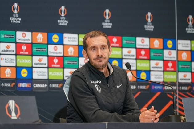 Football, UEFA Europa League 2025 26, Matchday 4 OGC Nice vs SC Freiburg Allianz Riviera Nice, France Julian Schuster SC Freiburg, Coach Press conference, Media Copyright: xJOERANxSTEINSIEKx