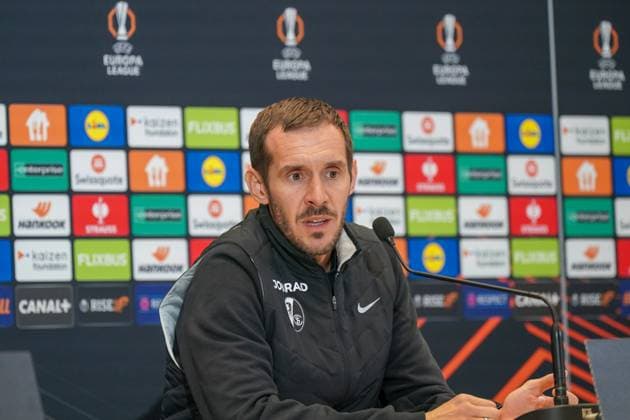 Football, UEFA Europa League 2025 26, Matchday 4 OGC Nice vs SC Freiburg Allianz Riviera Nice, France Julian Schuster SC Freiburg, Coach Press conference, Media Copyright: xJOERANxSTEINSIEKx