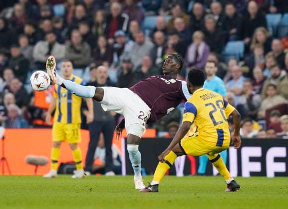 Birmingham, England, 6th November 2025. Amadou Onana of Aston Villa and Issouf Sissokho of Maccabi Tel-Aviv during the Aston Villa vs Maccabi Tel-Aviv FC UEFA Europa League match at Villa Park, Birmingham. Picture credit should read: Andrew Yates Sportimage EDITORIAL USE ONLY. No use with unauthorised audio, video, data, fixture lists, club league logos or live services. Online in-match use limited to 120 images, no video emulation. No use in betting, games or single club league player publications. SPI_038_AY_Villa_Macabbi SPI-4269-0038
