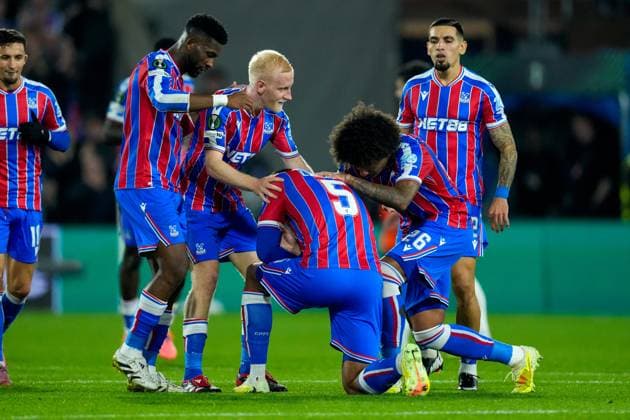 2025-11-06 Crystal Palace v AZ Alkmaar - UEFA Conference League 2025 26 League Phase MD4 LONDON, UNITED KINGDOM - NOVEMBER 6: Maxence Lacroix of Crystal Palace celebrates after scoring his teams first goal with Chris Richards of Crystal Palace, Jefferson Lerma of Crystal Palace, Will Hughes of Crystal Palace during the UEFA Conference League 2025 26 League Phase MD4 match between Crystal Palace and AZ Alkmaar at Selhurst Park Stadium on November 6, 2025 in London, United Kingdom. London Selhurst Park Stadium United Kingdom Content not available for redistribution in The Netherlands directly or indirectly through any third parties. Copyright: xEdxvanxdexPolx
