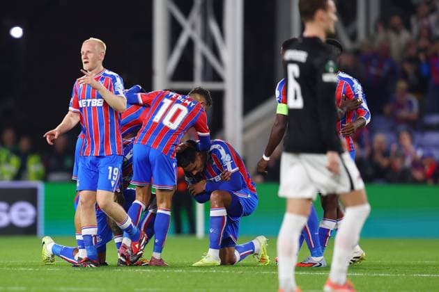 London, England, 6th November 2025. Maxence Lacroix (C) of Crystal Palace celebrates after scoring the opening goal during the Crystal Palace vs AZ Alkmaar UEFA Conference League match at Selhurst Park, London. Picture credit should read: Paul Terry Sportimage EDITORIAL USE ONLY. No use with unauthorised audio, video, data, fixture lists, club league logos or live services. Online in-match use limited to 120 images, no video emulation. No use in betting, games or single club league player publications. SPI_011_PT_Crystal_Palace_AZ_Alkmaar SPI-4270-0011