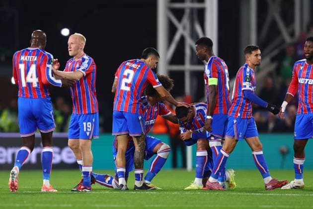 London, England, 6th November 2025. Maxence Lacroix (C) of Crystal Palace celebrates after scoring the opening goal during the Crystal Palace vs AZ Alkmaar UEFA Conference League match at Selhurst Park, London. Picture credit should read: Paul Terry Sportimage EDITORIAL USE ONLY. No use with unauthorised audio, video, data, fixture lists, club league logos or live services. Online in-match use limited to 120 images, no video emulation. No use in betting, games or single club league player publications. SPI_012_PT_Crystal_Palace_AZ_Alkmaar SPI-4270-0012