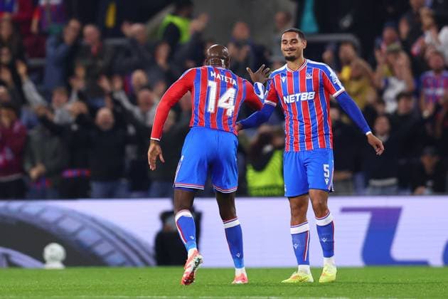 London, England, 6th November 2025. Maxence Lacroix (R) of Crystal Palace celebrates after scoring the opening goal during the Crystal Palace vs AZ Alkmaar UEFA Conference League match at Selhurst Park, London. Picture credit should read: Paul Terry Sportimage EDITORIAL USE ONLY. No use with unauthorised audio, video, data, fixture lists, club league logos or live services. Online in-match use limited to 120 images, no video emulation. No use in betting, games or single club league player publications. SPI_016_PT_Crystal_Palace_AZ_Alkmaar SPI-4270-0016