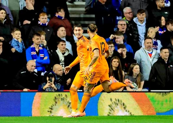 Rangers v A.S. Roma UEFA Europa League MatÃ¬as Soule of A.S. Roma (left) celebrates scoring his teams first goal with Kostas Tsimikas of A.S. Roma during the UEFA Europa League match at Ibrox Stadium, Glasgow UK Newspapers OUT Copyright: xFredxPalmerx FIL-22471-0024