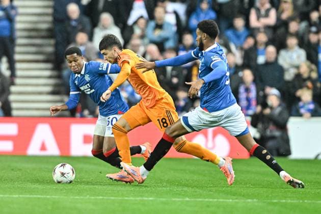Rangers v A.S. Roma UEFA Europa League Youssef Chermiti and Djeidi Gassama of Rangers and Matias Soule of A.S. Roma during the UEFA Europa League match at Ibrox Stadium, Glasgow UK Newspapers OUT Copyright: xJamiexJohnstonx FIL-22472-0058