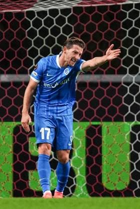 Genk s Patrik Hrosovsky reacts during a soccer game between Portuguese soccer team SC Braga and Belgian club KRC Genk, on Thursday 06 November 2025, in Braga, fourth game (out of 8) in the league phase of the UEFA Europa League competition. JOMAxGISBERT  x139683139x
