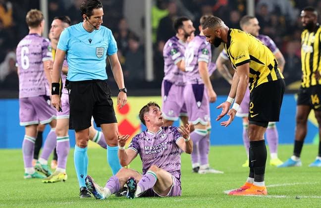 UEFA Europa Conference League Group Phase, OPAP Arena, Athens, Greece 6 11 2025 AEK Athens vs Shamrock Rovers Referee JosÃ JosÃ Luis Munuera, John McGovern and Harold Moukoudi 6 11 2025  Copyright: x INPHOx NVIX4632