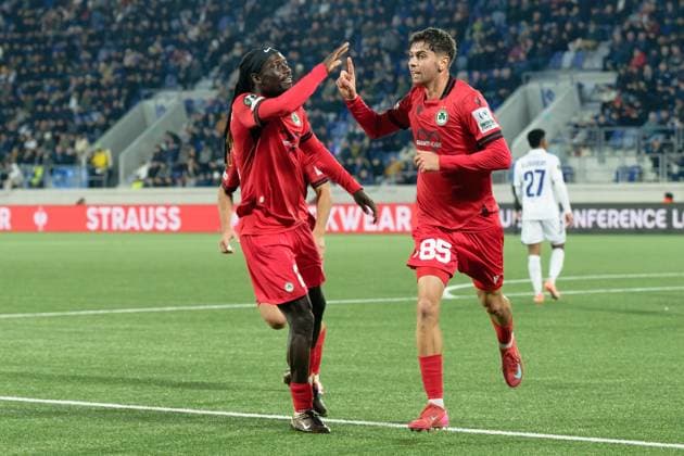 Angelos Neophytou (85 Omonoia) celebrates after scoring his team s first goal with teammates Alpha Diounkou (2 Omonoia) during the UEFA Conference League match between Lausanne and Omonoia at Stade de la Tuiliere in Lausanne, Switzerland Copyright: xGiuseppexVelletrix xSPPx Sportspressphoto_SPR57804