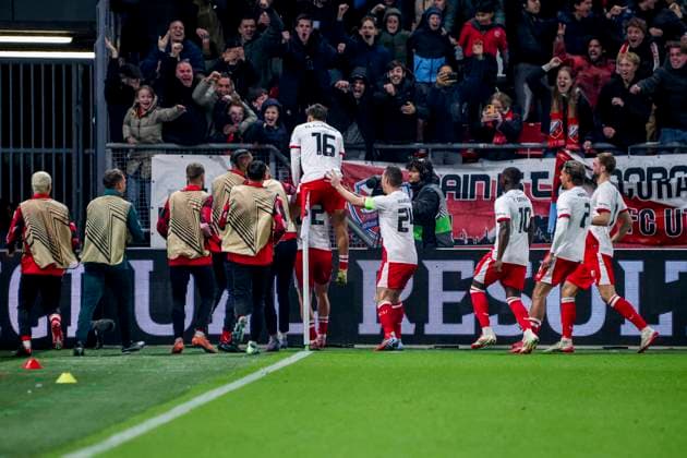 Miguel Rodriguez of FC Utrecht celebrates with teammates after scoring his teams first goal FC Utrecht v FC Porto, UEFA Europa League 2025 26 League Phase MD4, FC Utrecht v FC Porto, Stadion Galgenwaard, November 6, 2025, Utrecht, Netherlands.