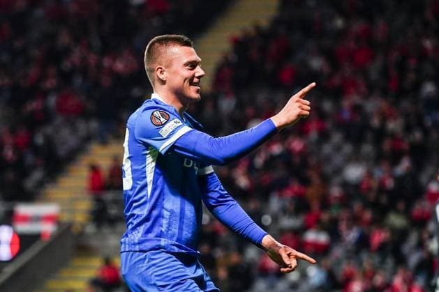 Genk s Daan Heymans celebrates after scoring during a soccer game between Portuguese soccer team SC Braga and Belgian club KRC Genk, on Thursday 06 November 2025, in Braga, fourth game (out of 8) in the league phase of the UEFA Europa League competition. JOMAxGISBERT  x139688295x