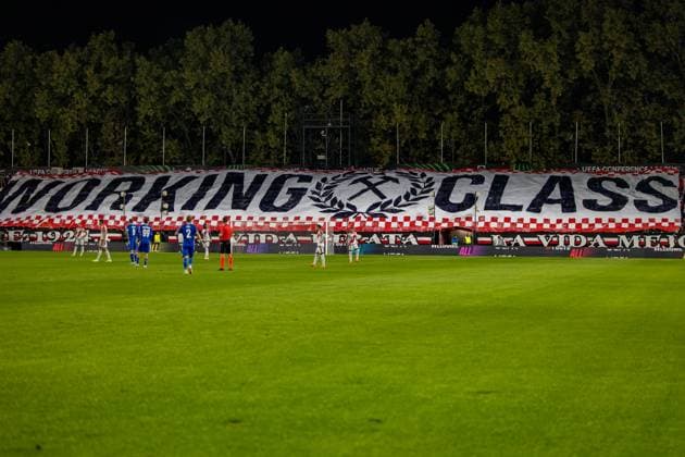 Rayo Vallecano fans seen during UEFA Conference League league phase game between team of Rayo Vallecano and Lech Poznan (Maciej Rogowski Ball Raw Images) Madrid Estadio de Vallecas Spain Copyright: xMaciejxRogowskix maciejrogowski_rayo_lech_2526-01