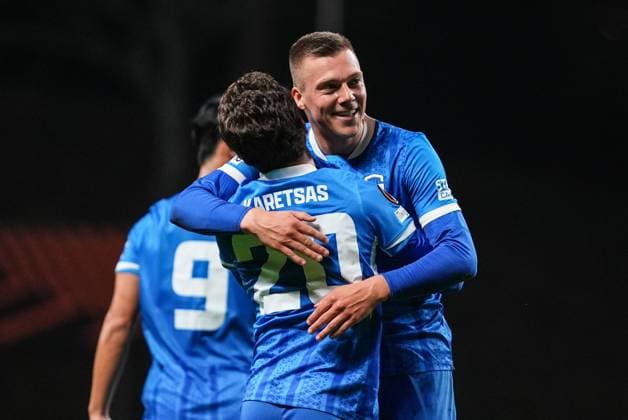 Genk s Daan Heymans celebrates after scoring during a soccer game between Portuguese soccer team SC Braga and Belgian club KRC Genk, on Thursday 06 November 2025, in Braga, fourth game (out of 8) in the league phase of the UEFA Europa League competition. JOMAxGISBERT  x139688720x