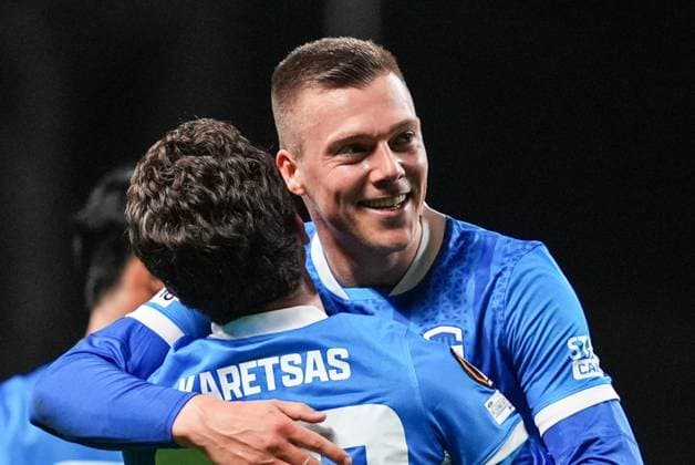 Genk s Daan Heymans celebrates after scoring during a soccer game between Portuguese soccer team SC Braga and Belgian club KRC Genk, on Thursday 06 November 2025, in Braga, fourth game (out of 8) in the league phase of the UEFA Europa League competition. JOMAxGISBERT  x139688772x
