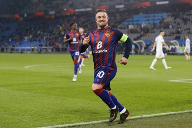 FC Basel FCS Bucharest Goal celebration Xherdan Shaqiri FC Basel 06 11 2025 Stadion St Jakob Park Basel, SWITZERLAND, Season 2025 2026 Men Football Europa League FC Basel FCS Bucharest Goal celebration Xherdan Shaqiri FC Basel