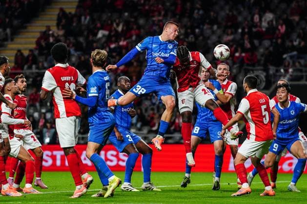 Genk s Daan Heymans scores a goal during a soccer game between Portuguese soccer team SC Braga and Belgian club KRC Genk, on Thursday 06 November 2025, in Braga, fourth game (out of 8) in the league phase of the UEFA Europa League competition. JOMAxGISBERT  x139689493x